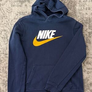 Nike Men's Blue Hoodie with Yellow Swoosh